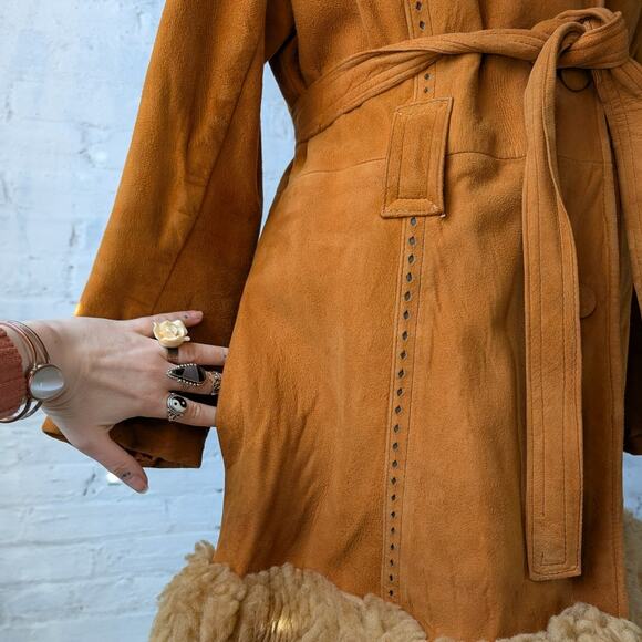 Vintage Orange Suede Penny Lane Jacket Leather Trench Coat Faux Fur Coat Large - Picture 8 of 12